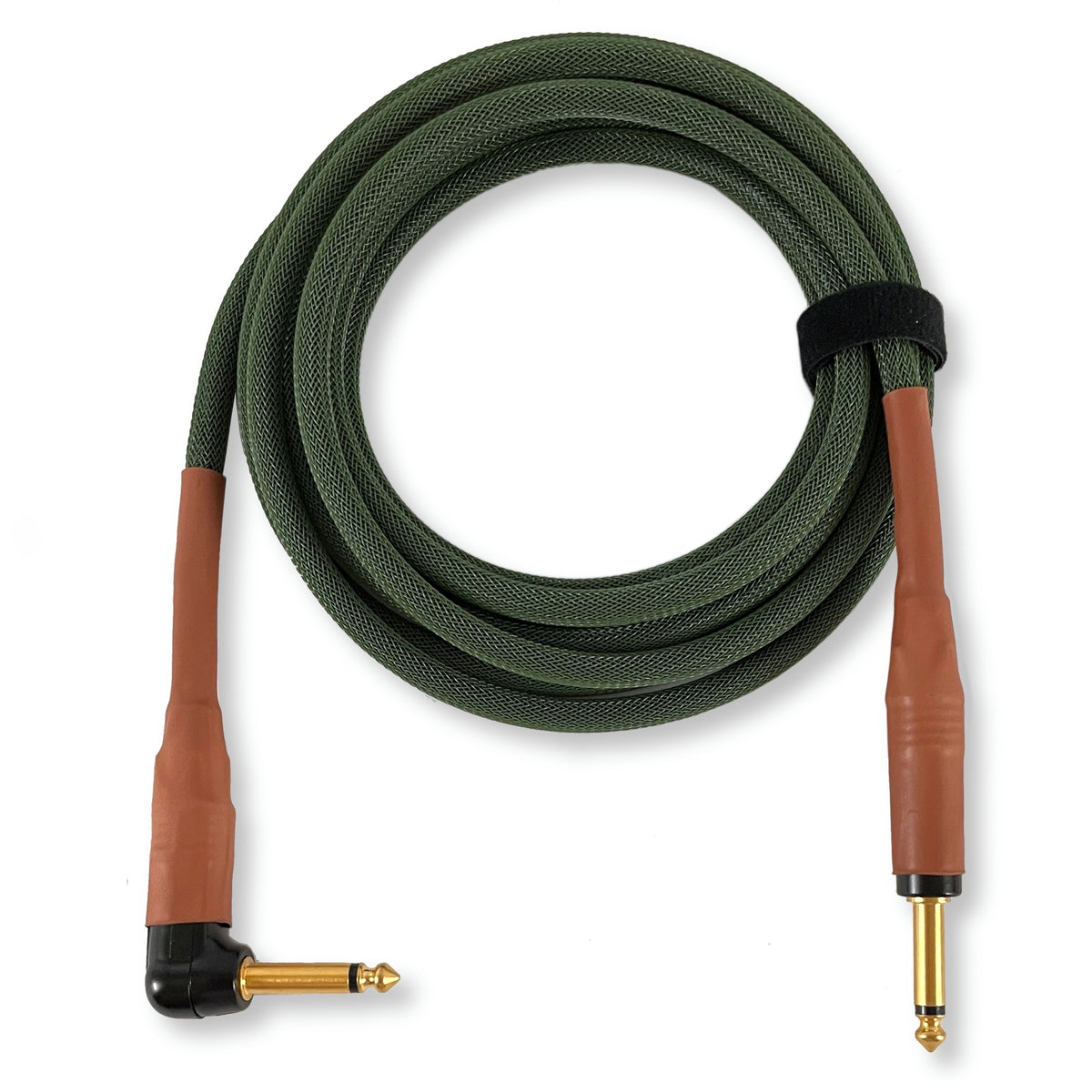 A coiled audio cable with a textured olive green braided jacket, brown leather-like plugs, and gold-plated connectors, shown on a plain white background.