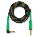 A coiled audio adapter cable with a black braided outer sheath showing teal, yellow, and red inner strands, featuring bright green plug housings and gold-plated 1/4-inch jack connectors on a white background.