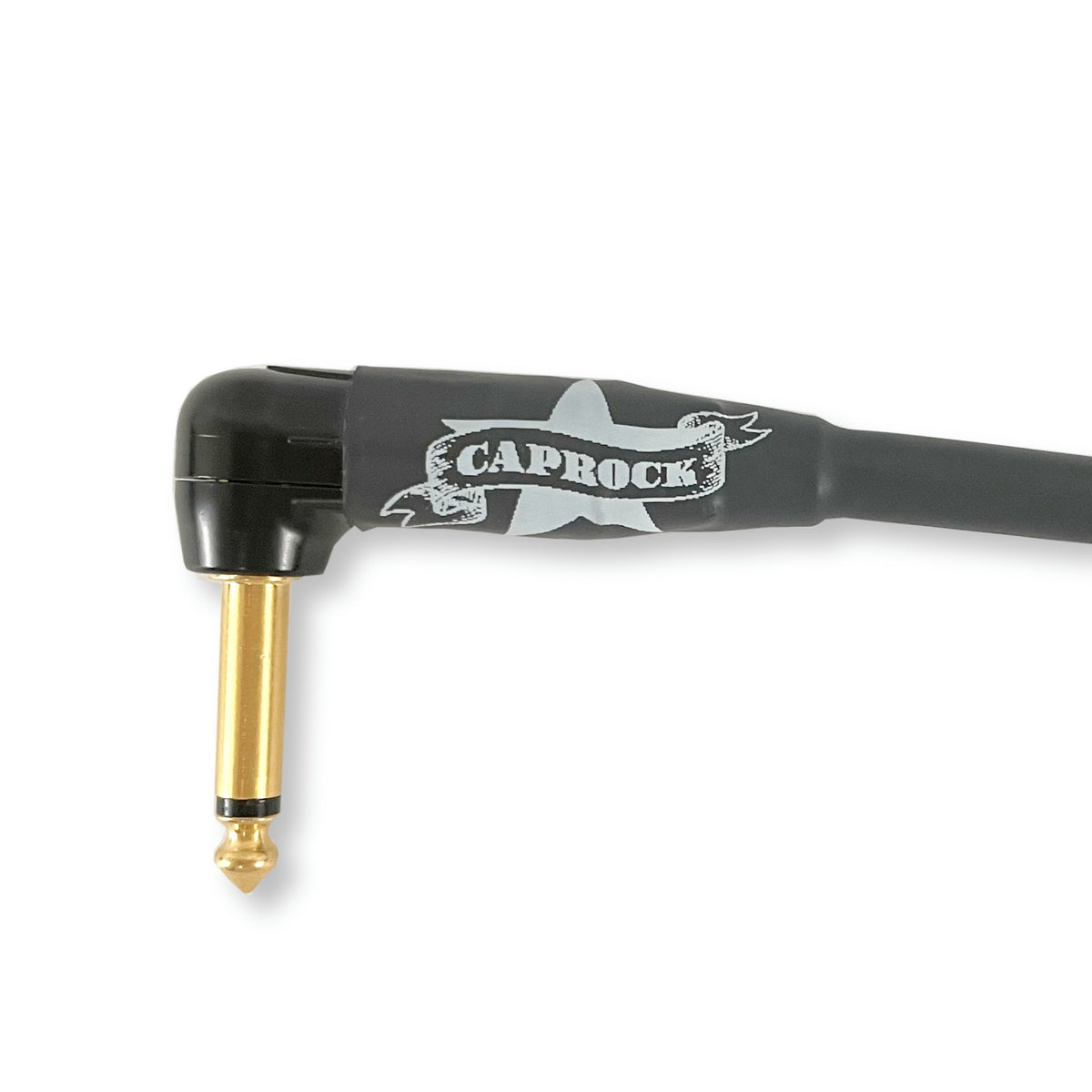 A black right-angle audio cable with a gold 1/4-inch jack plug and a black handle featuring a white 'CAPROCK' logo, shown on a white background.